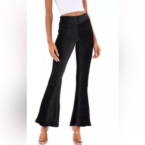 Free People So Charming Velvet Texture Black Striped Flare Leg Pants. Pull On. - Picture 1 of 16